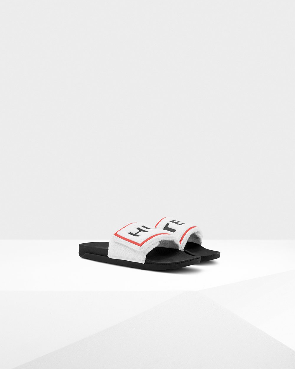 Hunter Original Terry Towelling Logo Adjustable Slides - Online Store Mens Black/White - KGAIDN374